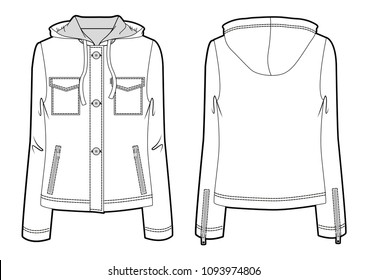 Front and back view of a hooded sport jacket for women