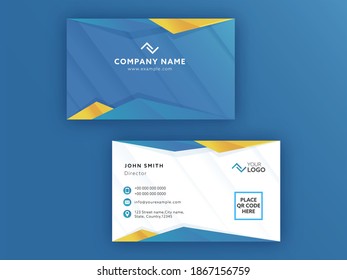 Front And Back View Of Horizontal Business Card On Blue Background.