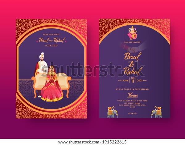 Front And Back View Of\
Indian Wedding Invitation Card With Hindu Couple Character In\
Traditional Dress.