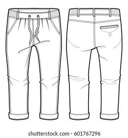 Front and back view of joggers with elasticized ribbing and drawstring at waist