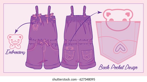 Front and back view of a jumpsuit with funny embroideries