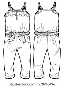 Front and back view of a jumpsuit. Ruffle at top