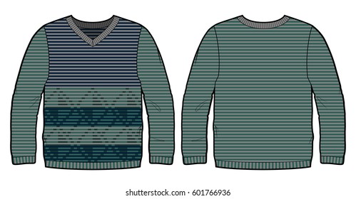 Front and back view of knitted pullover with pattern