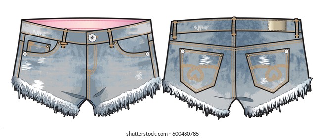 Front and back view of light blue denim shorts