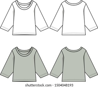 Front and back view of a long-sleeved T-shirt vector template pattern
