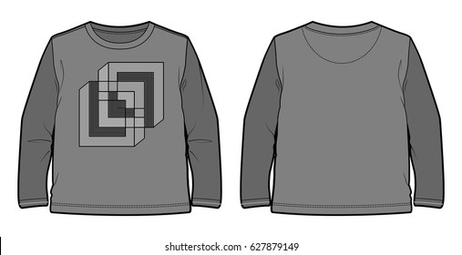 Front and back view of a long-sleeved T-shirt with geometric print