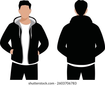 Front and back view of man in hoodie  

