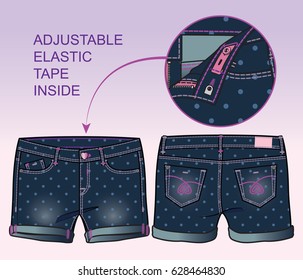 Front and back view of middle length denim shorts with all-over polka dots print