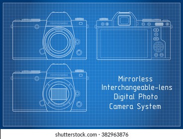 Front and back view to MILC mirrorless system  Camera with viewfinder blueprint lines with grid. Outline Vector Illustration