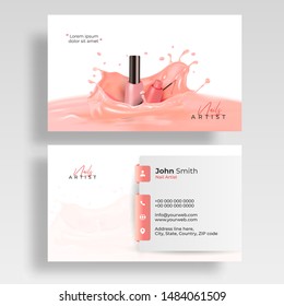 Front And Back View Of Nail Artist Visiting Card Design With Nail Polish Splatter.