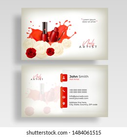 Front and back view of Nail Artist business card design with nail polish and rose flowers.