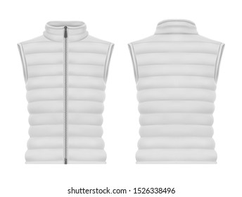 Front and back view on vest jacket or sleeveless puffer closeup, waistcoat mockup. Warm apparel with zap or blank man and woman winter wear. Male and female quilted clothing and fashion, winter