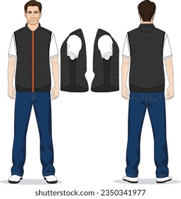 Front and back view on vest jacket or sleeveless puffer closeup, waistcoat mockup. Warm apparel with zap or blank man and woman winter wear. Male and female quilted clothing and fashion, winter