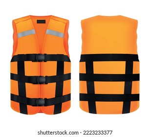 Front and back view of orange vest mockup with reflective stripes and fastener straps realistic vector illustration