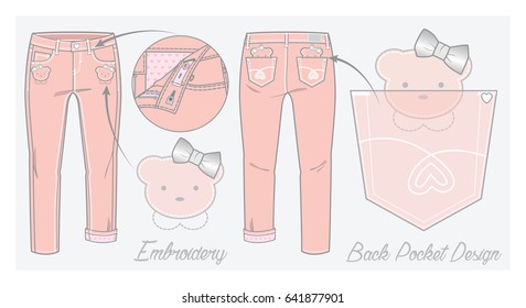 Front and back view of pants with funny embroideries and lining inside