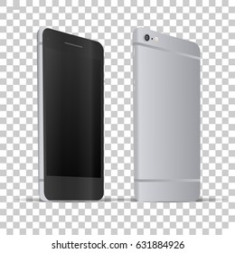 Front and back view of phone on transparent background.. Template framework. Insert your picture. Vector illustration.
