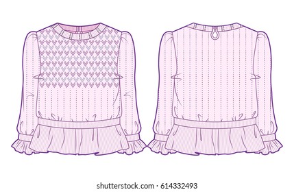 Front and back view of pink knitted blouse with extensive decoration
