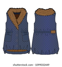 Front and back view of a quilted denim vest with fur collar