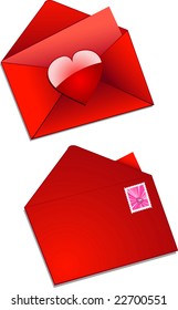 Front and back view of red envelope with love letter peaking out. Sealed with a glossy red heart on the reverse and valentine stamp on the front