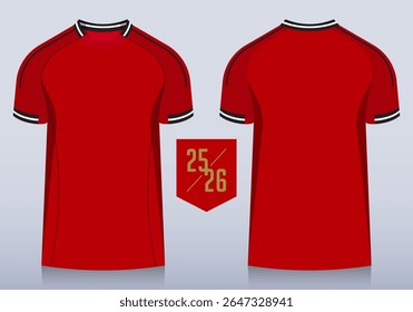 Front and back view of red t-shirt with red raglan sleeves and round collar for football club. Sportswear, sport uniform, soccer jersey or football kit mockup template design in minimal style. Vector