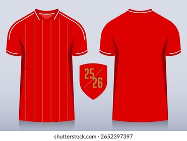 Front and back view of red t-shirt and white stripes pattern with polo collar for football club. Sportswear, sport uniform, soccer jersey, football kit mockup template design in minimal style. Vector.