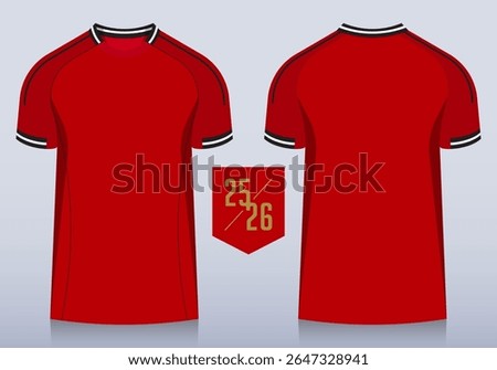 Front and back view of red t-shirt with red raglan sleeves and round collar for football club. Sportswear, sport uniform, soccer jersey or football kit mockup template design in minimal style. Vector