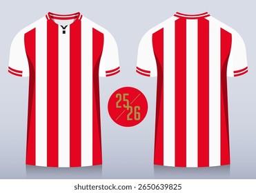 Front and back view of red and white stripes pattern with round collar for football club. Sportswear, sport uniform, soccer jersey or football kit mockup template design in minimal style. Vector.
