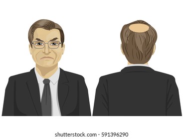 front and back view of sad mature businessman with bald problem