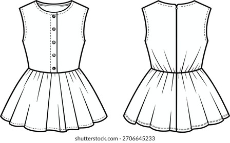 Vista frontal y posterior del vestido plisado sin mangas, boceto plano de moda, dibujo de ropa técnica, diseño de vestido de niña con estilo