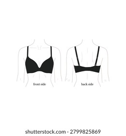 Front and back view of a smooth black push up bra on mannequins vector