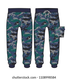 Front and back view of sport pants with camouflage fabric design