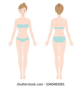 front and back view of standing female body isolated on white background