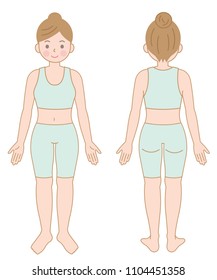 front and back view of standing female body. Isolated vector illustration
