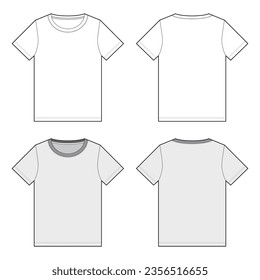 Front And Back View T Shirt Technical Drawing. Unisex Women And Men Short Sleeve Round Neck T Shirt Template.