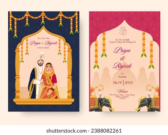 Front And Back View Of Wedding Invitation Card Design With Indian Couple Character In Traditional Attire.