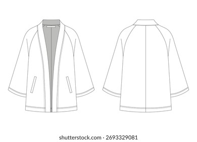 Front and back view of a white kimono jacket sketch, vector illustration, apparel drawing