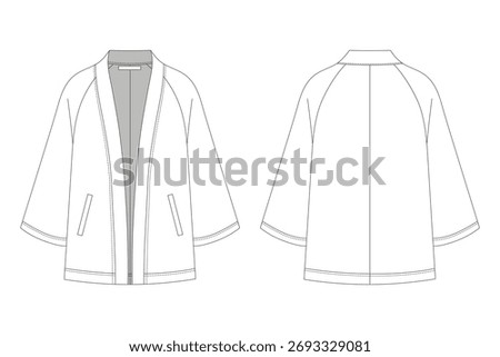 Front and back view of a white kimono jacket sketch, vector illustration, apparel drawing