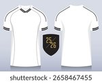 Front and back view of white t-shirt with white raglan sleeves, round collar for football club. Sportswear, sport uniform, soccer jersey, football kit mockup template design in minimal style. Vector.