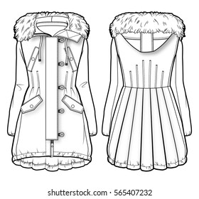 Front and back view of a winter coat with fur 