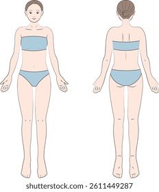 The front and back view of a woman's body.
