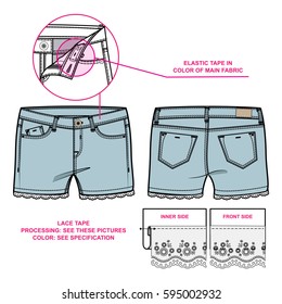 Front and back view of women's shorts decorated with laces. Tech sketch of shorts' silhouette for various needs