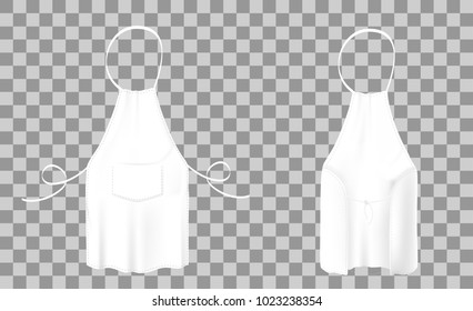 Front and back views of the blank white kitchen apron with neck strap, waist ties and a pocket. Vector illustration of the protective garment on the transparent effect background.
