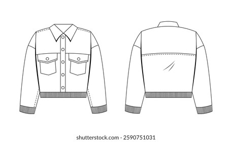 Front and back views of a jacket design, line art style on a white background. Concept of fashion design. Vector illustration