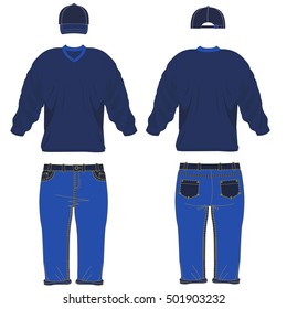 Front and back views of men's clothing set. Blank templates of sweatshirt, cap and jeans. Casual style.