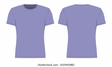 Front and back views of men's purple t-shirt on white background
