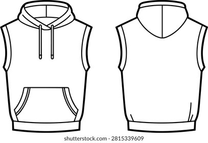 Front and back views of a modern sleeveless hooded sweatshirt featuring an adjustable drawstring and a convenient front kangaroo pocket.