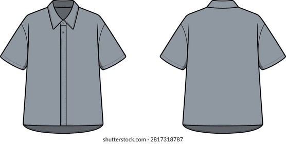 Front and back views of a short sleeve collared shirt flat sketch, ideal for apparel design and technical specification sheets.