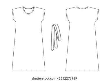 Front and back views of a simple sleeveless dress with a crew neck, Offers a sleek, streamlined silhouette.