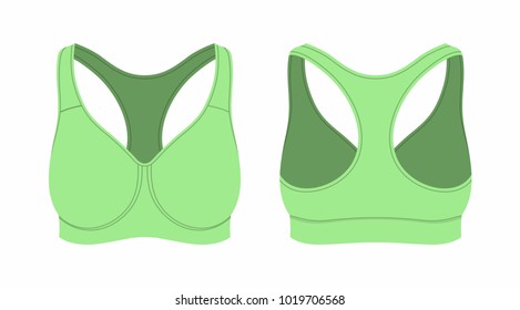 Front and back views of women's green sport bra on white background