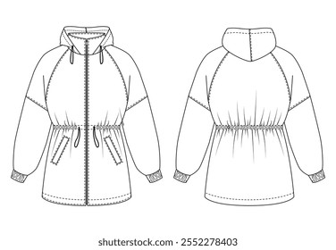 Front and back views of a women's jacket with a hood, cinched waist, and large front pockets, featuring technical drawing details.